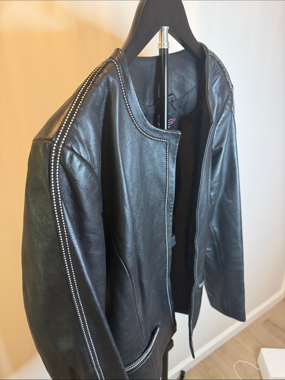 PINK Victoria's Secret Black Leather Collarless Jacket with Contrast Stitching
